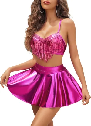Avidlove Rave Outfits for Women Sequin Fringe Outfits Cosplay Lingerie 3pack Costume Set with Metallic Skirt