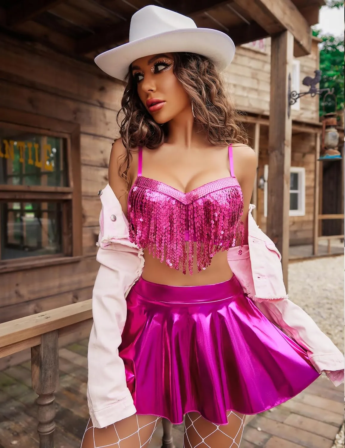 Avidlove Rave Outfits for Women Sequin Fringe Outfits Cosplay Lingerie 3pack Costume Set with Metallic Skirt