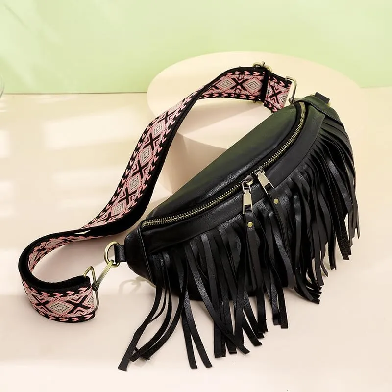 Axcone Retro chic casual fringe macaron color matching shoulder bag, crossbody bag