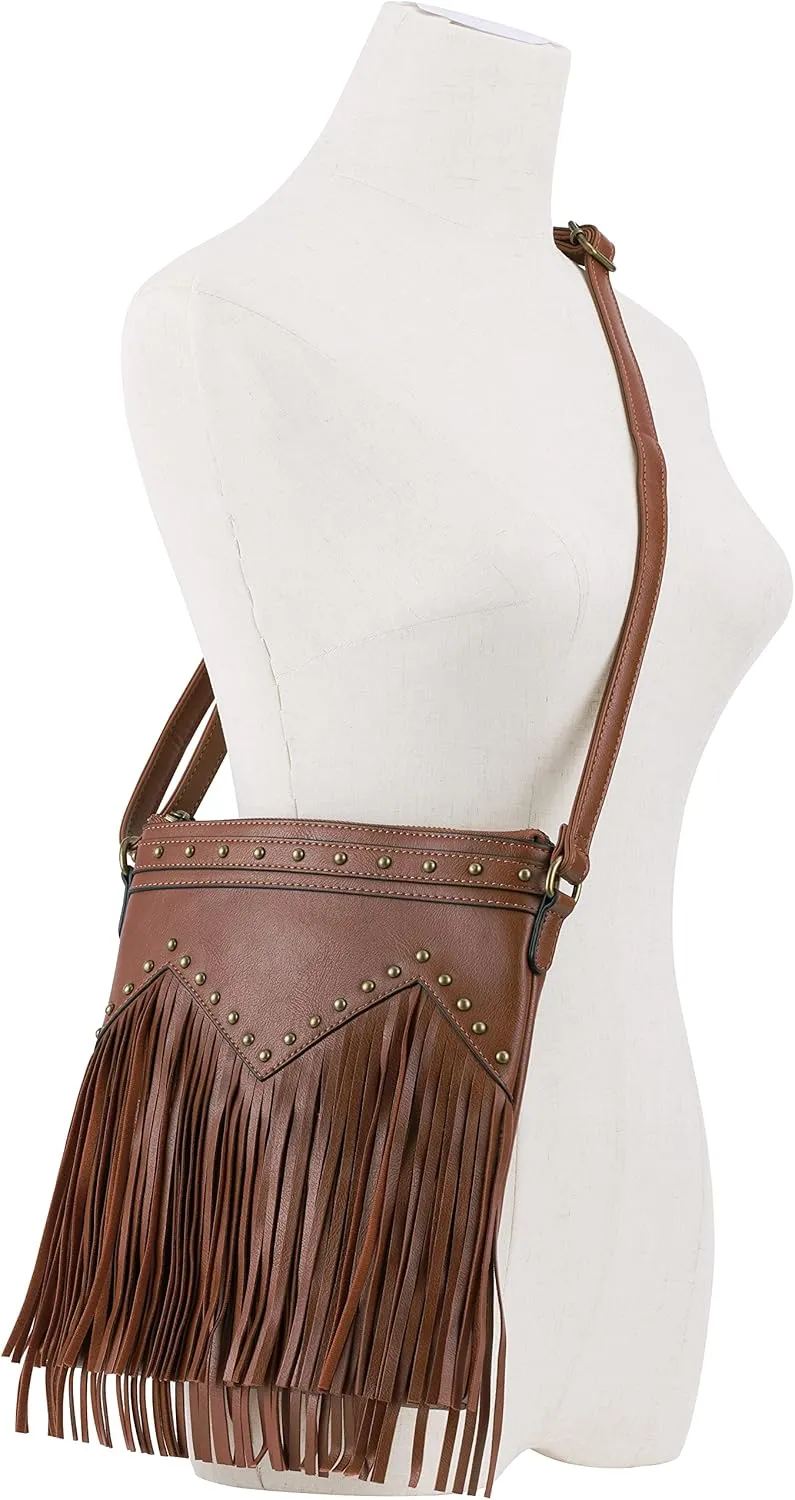 B BRENTANO Vegan Fringed Crossbody Bag with Studs