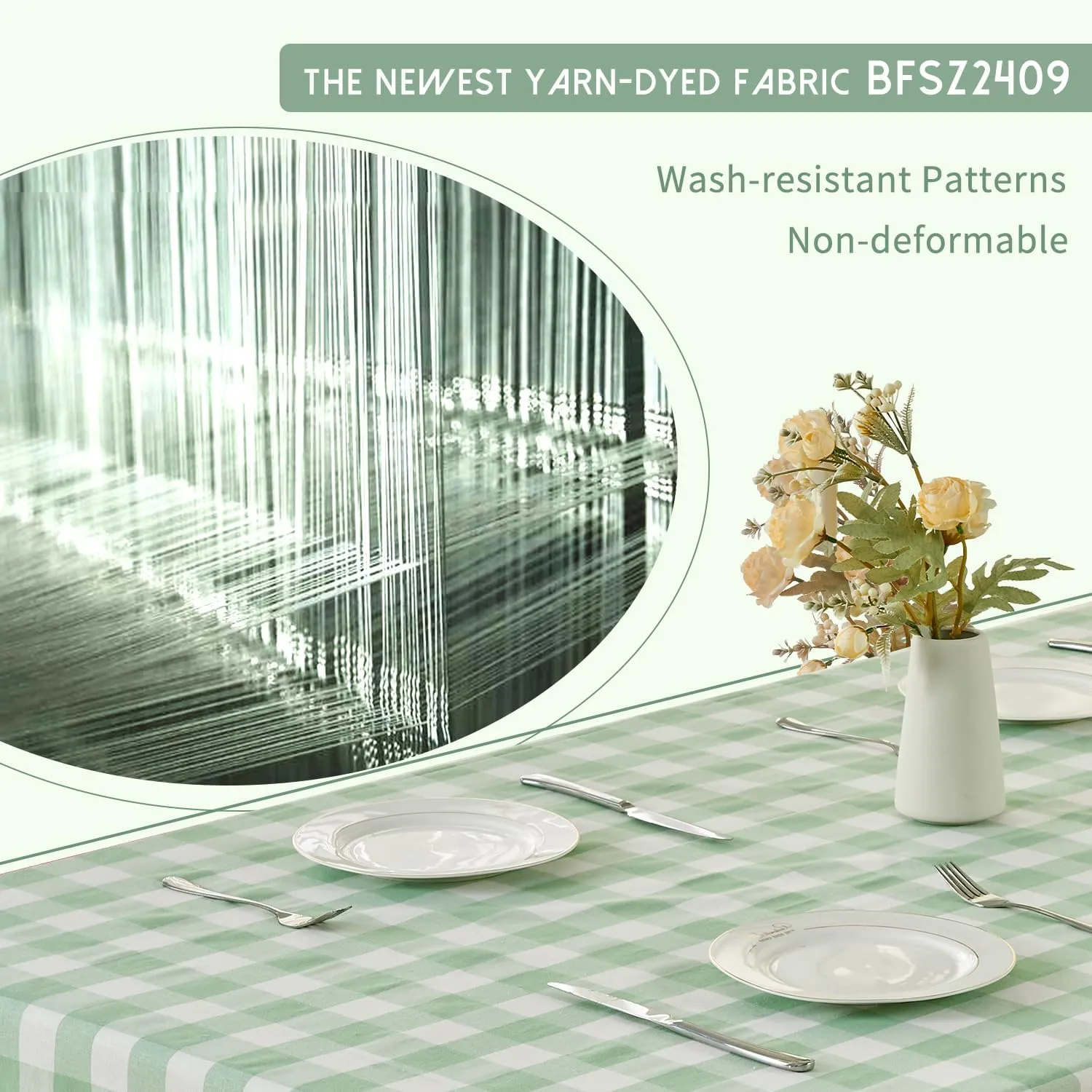 BALCONY & FALCON Rectangular Checkered Tablecloth Waterproof Washable Gingham Reversible Table Cloth for Outdoor Picnic Kitchen Holiday Buffet Banquet Easter Party (Light Green, 57 x 118 inch)