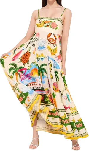 Beach Dresses for Women 2025 Vacation Spaghetti Strap Graffiti Maxi Dress Graphic A Line Swing Long Cami Dress