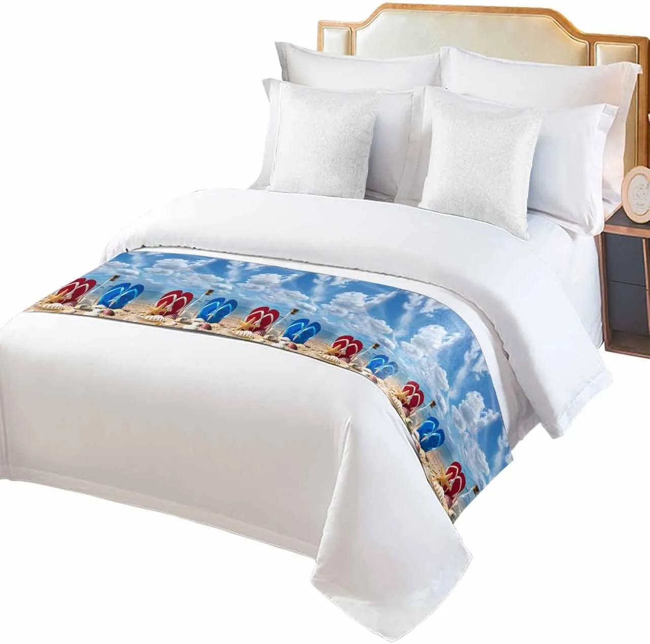 Beach Slippers Bed Runner Scarf Full Queen Size,Ocean Coastal Starfish Shell Summer Sand Luxury Throw Runners & Scarves for Twin Full Queen King Foot of Bed Bedroom Hotel Wedding Decoration,83"x20"