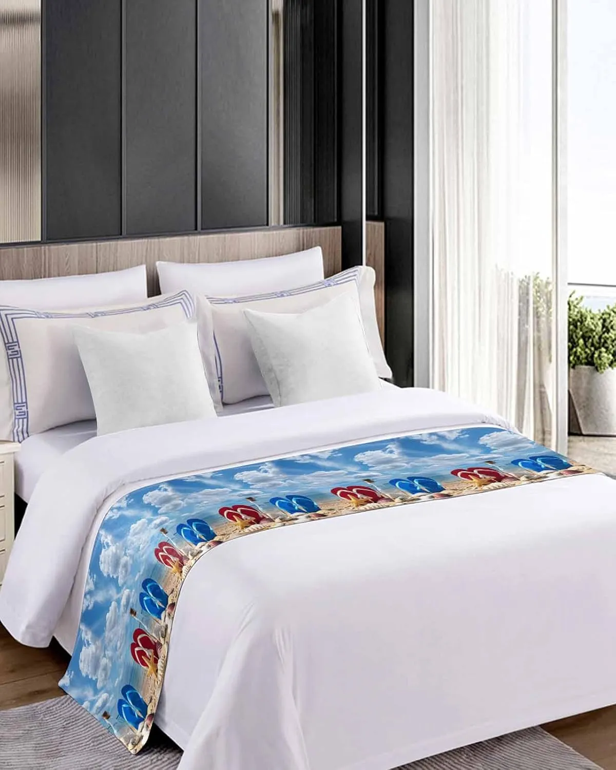Beach Slippers Bed Runner Scarf Full Queen Size,Ocean Coastal Starfish Shell Summer Sand Luxury Throw Runners & Scarves for Twin Full Queen King Foot of Bed Bedroom Hotel Wedding Decoration,83"x20"