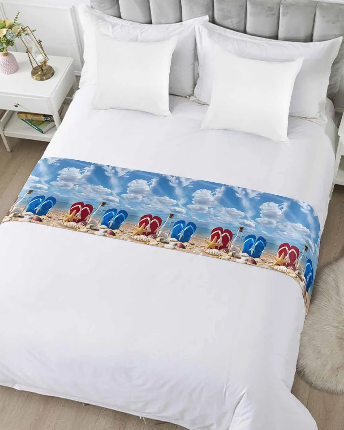 Beach Slippers Bed Runner Scarf Full Queen Size,Ocean Coastal Starfish Shell Summer Sand Luxury Throw Runners & Scarves for Twin Full Queen King Foot of Bed Bedroom Hotel Wedding Decoration,83"x20"