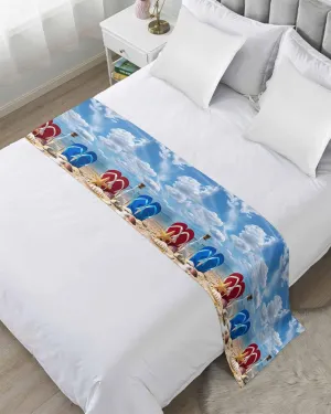 Beach Slippers Bed Runner Scarf Full Queen Size,Ocean Coastal Starfish Shell Summer Sand Luxury Throw Runners & Scarves for Twin Full Queen King Foot of Bed Bedroom Hotel Wedding Decoration,83"x20"