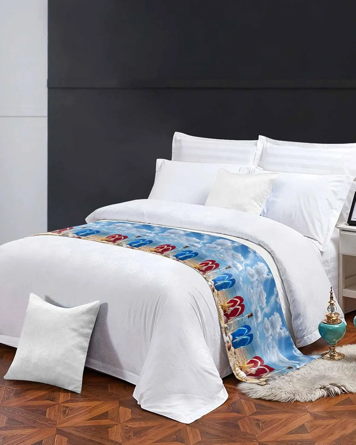 Beach Slippers Bed Runner Scarf Full Queen Size,Ocean Coastal Starfish Shell Summer Sand Luxury Throw Runners & Scarves for Twin Full Queen King Foot of Bed Bedroom Hotel Wedding Decoration,83"x20"