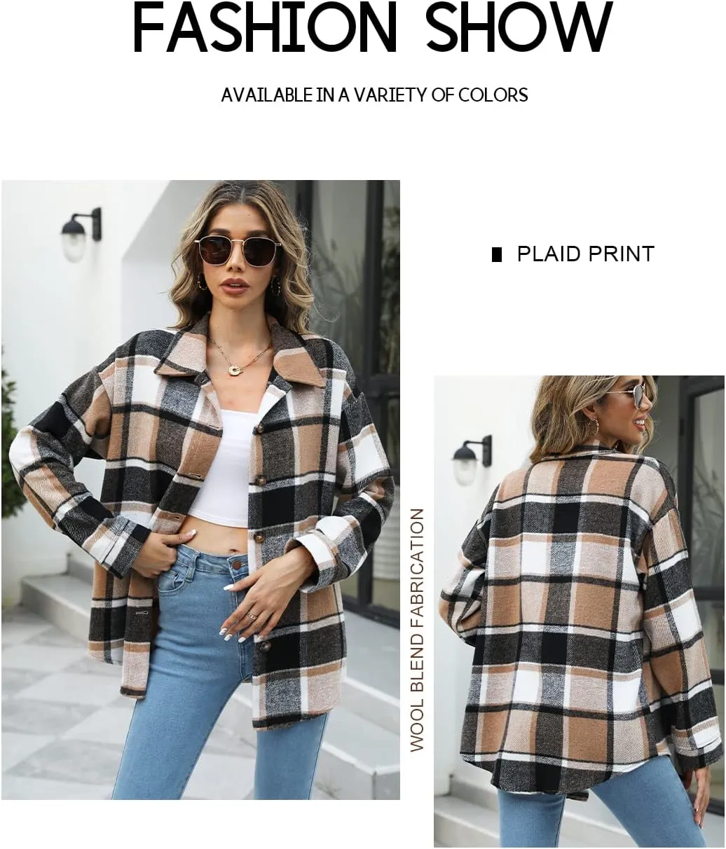 Beaully Women's Flannel Plaid Shacket Long Sleeve Button Down Shirts Jacket Coats with Side Pockets