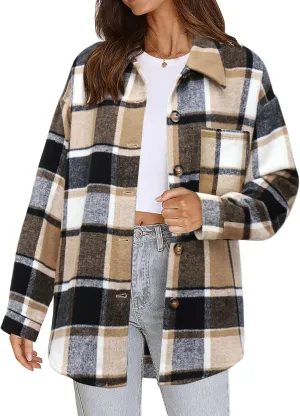 Beaully Women's Flannel Plaid Shacket Long Sleeve Button Down Shirts Jacket Coats with Side Pockets