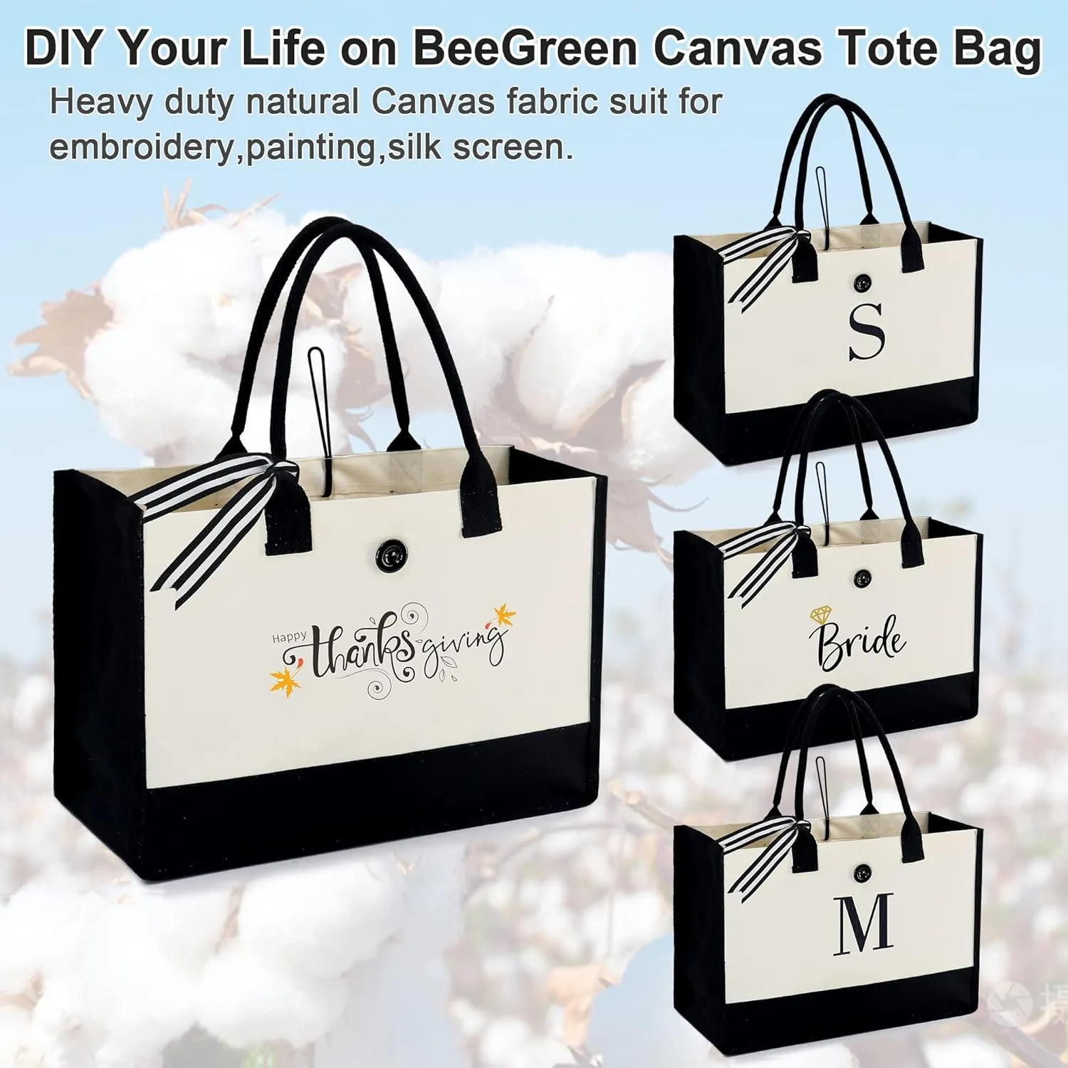 BeeGreen 3,6,8,12 Pack 12OZ Canvas Tote Bags for Women Large DIY Tote Bags Bulk with Handles