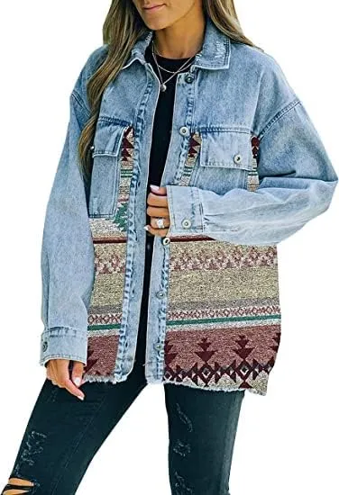 Bengbobar Women's Aztec Denim Jacket Distressed Lapel Long Sleeve Vintage Button Down Denim Jacket Shacket