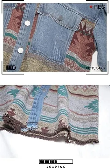 Bengbobar Women's Aztec Denim Jacket Distressed Lapel Long Sleeve Vintage Button Down Denim Jacket Shacket