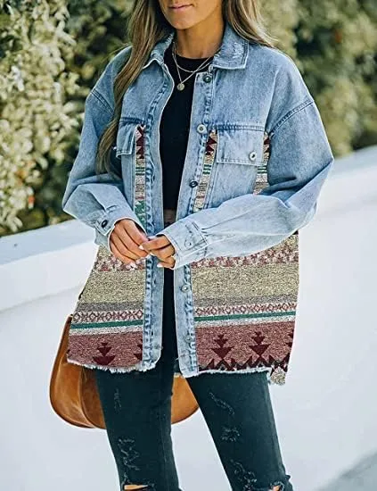 Bengbobar Women's Aztec Denim Jacket Distressed Lapel Long Sleeve Vintage Button Down Denim Jacket Shacket