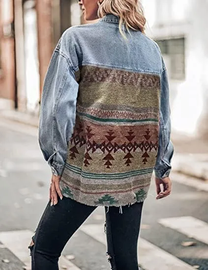 Bengbobar Women's Aztec Denim Jacket Distressed Lapel Long Sleeve Vintage Button Down Denim Jacket Shacket