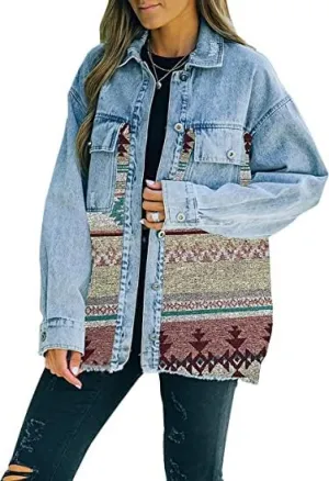 Bengbobar Women's Aztec Denim Jacket Distressed Lapel Long Sleeve Vintage Button Down Denim Jacket Shacket