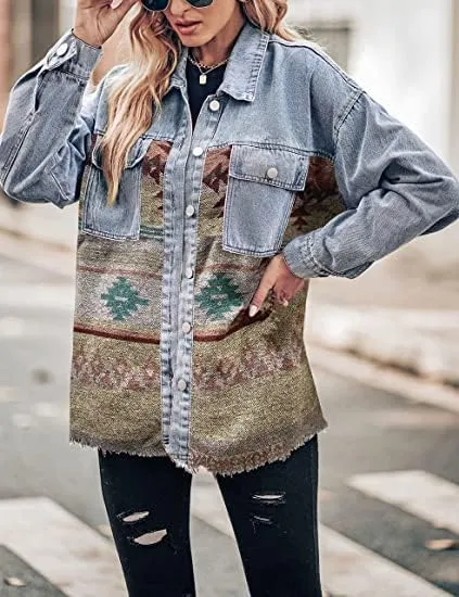 Bengbobar Women's Aztec Denim Jacket Distressed Lapel Long Sleeve Vintage Button Down Denim Jacket Shacket