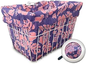 Bicycle Basket Liner Tote, Beach Cruiser Basket Cover, EBike Front Wire Or Wicker Bike Basket Fits Up to 15Lx12Hx10W Weatherproof Bike Bag Matching Bicycle Bell Included, Bike Bell