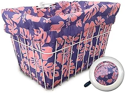 Bicycle Basket Liner Tote, Beach Cruiser Basket Cover, EBike Front Wire Or Wicker Bike Basket Fits Up to 15Lx12Hx10W Weatherproof Bike Bag Matching Bicycle Bell Included, Bike Bell