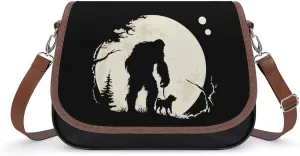 Bigfoot & Pug Funny Night Time Women's Crossbody Bag Leather Tote Bag Shoulder Bag Handbag for Office Travel