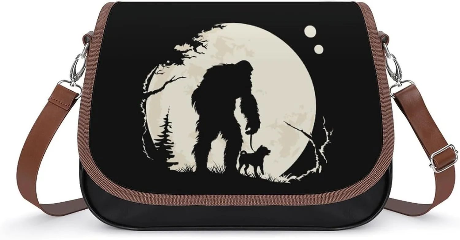 Bigfoot & Pug Funny Night Time Women's Crossbody Bag Leather Tote Bag Shoulder Bag Handbag for Office Travel
