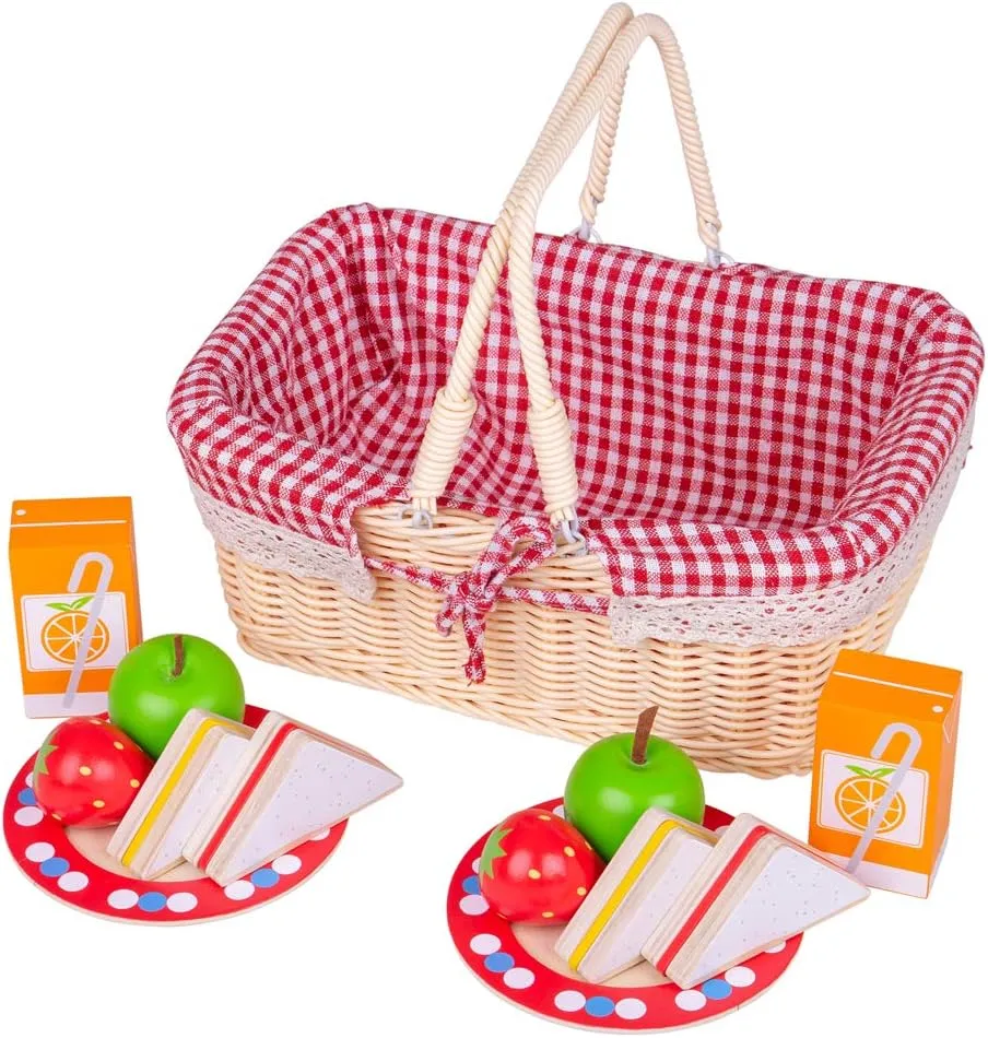 Bigjigs Toys Kids Picnic Basket with Wooden Play Food and Picnic Blanket - Wicker Picnic Basket Toy with 10 Toy Food Pieces, Ideal for Pretend Play