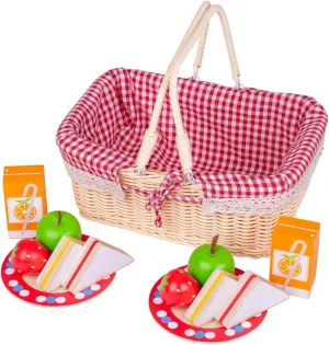 Bigjigs Toys Kids Picnic Basket with Wooden Play Food and Picnic Blanket - Wicker Picnic Basket Toy with 10 Toy Food Pieces, Ideal for Pretend Play