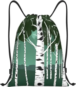 Birch Trees Stylish Drawstring Backpacks Cinch Bags, Gym Cinch Bag Polyester String Bag For Men Women