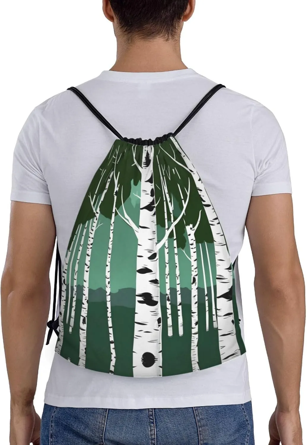 Birch Trees Stylish Drawstring Backpacks Cinch Bags, Gym Cinch Bag Polyester String Bag For Men Women