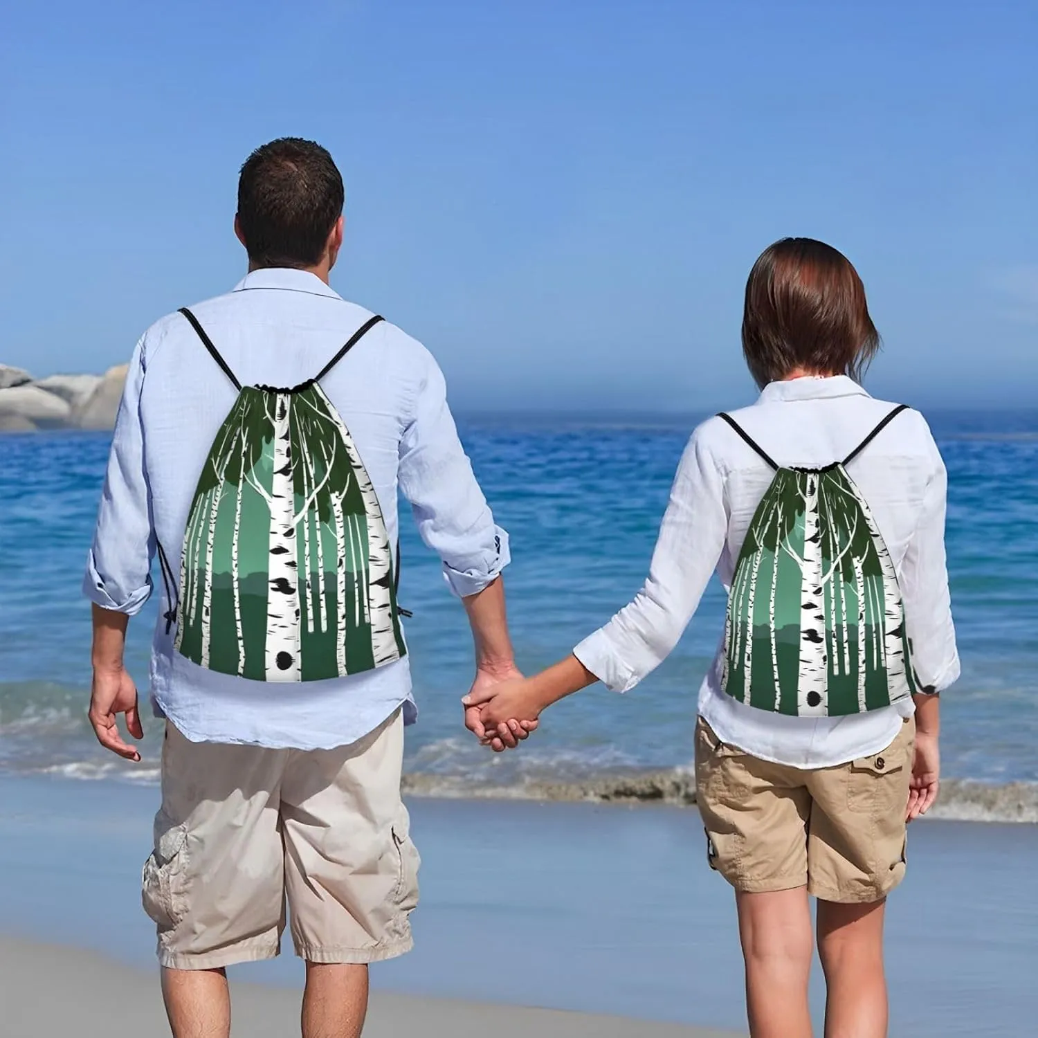 Birch Trees Stylish Drawstring Backpacks Cinch Bags, Gym Cinch Bag Polyester String Bag For Men Women
