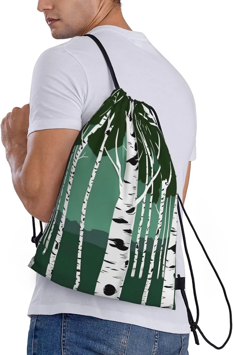 Birch Trees Stylish Drawstring Backpacks Cinch Bags, Gym Cinch Bag Polyester String Bag For Men Women