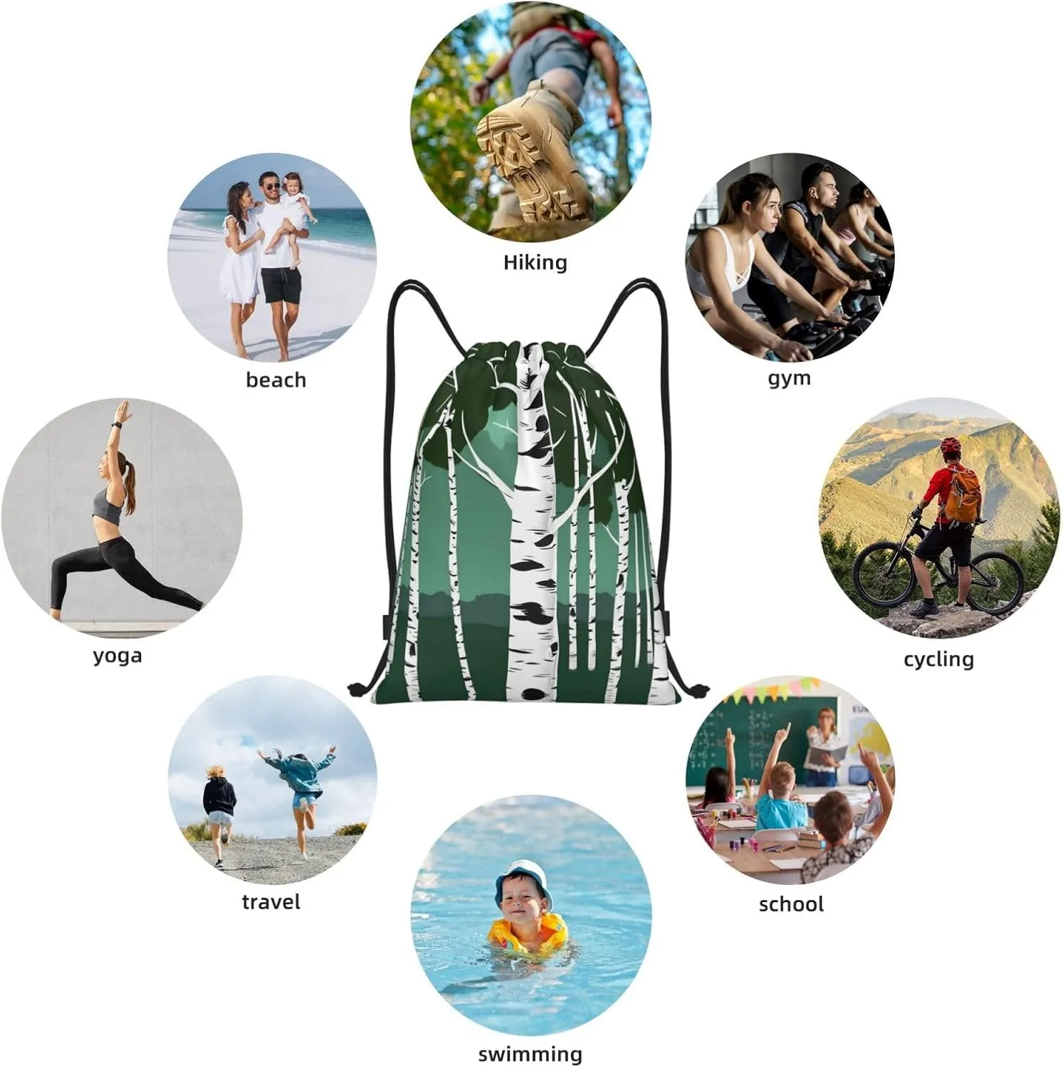 Birch Trees Stylish Drawstring Backpacks Cinch Bags, Gym Cinch Bag Polyester String Bag For Men Women