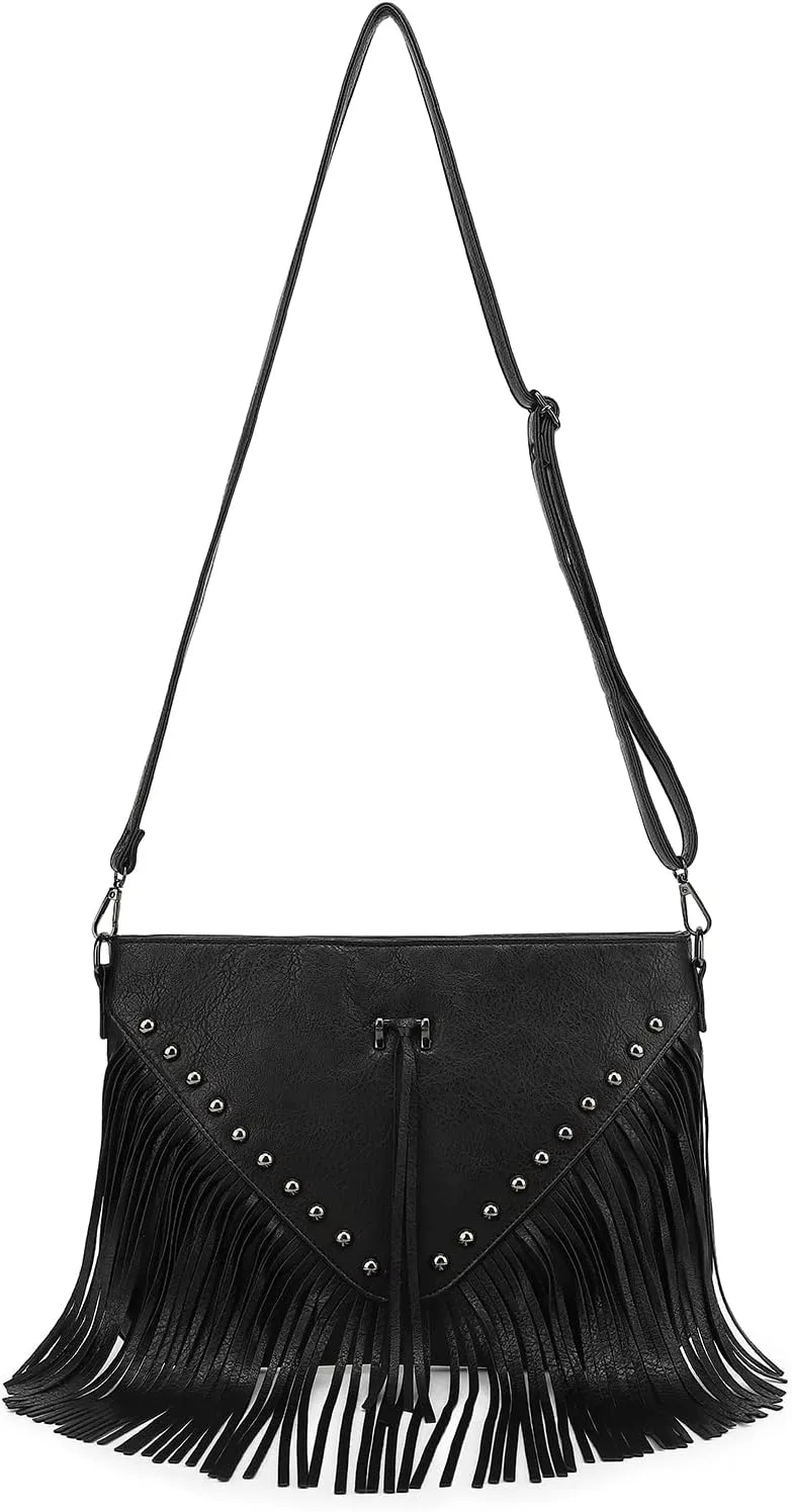 Black Fringe Purse Crossbody Bag for Women, Vintage Stud Large Fringe Crossbody Purse, Boho Shoulder Purse with Fringe