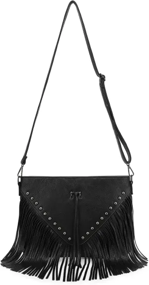 Black Fringe Purse Crossbody Bag for Women, Vintage Stud Large Fringe Crossbody Purse, Boho Shoulder Purse with Fringe