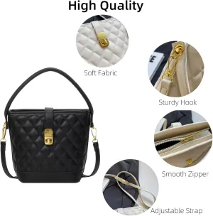 Black Shoulder Bag for Women Quilted Leather Bucket Bag Trendy Crossbody Purse Cute Handbag for Vocation Shopping