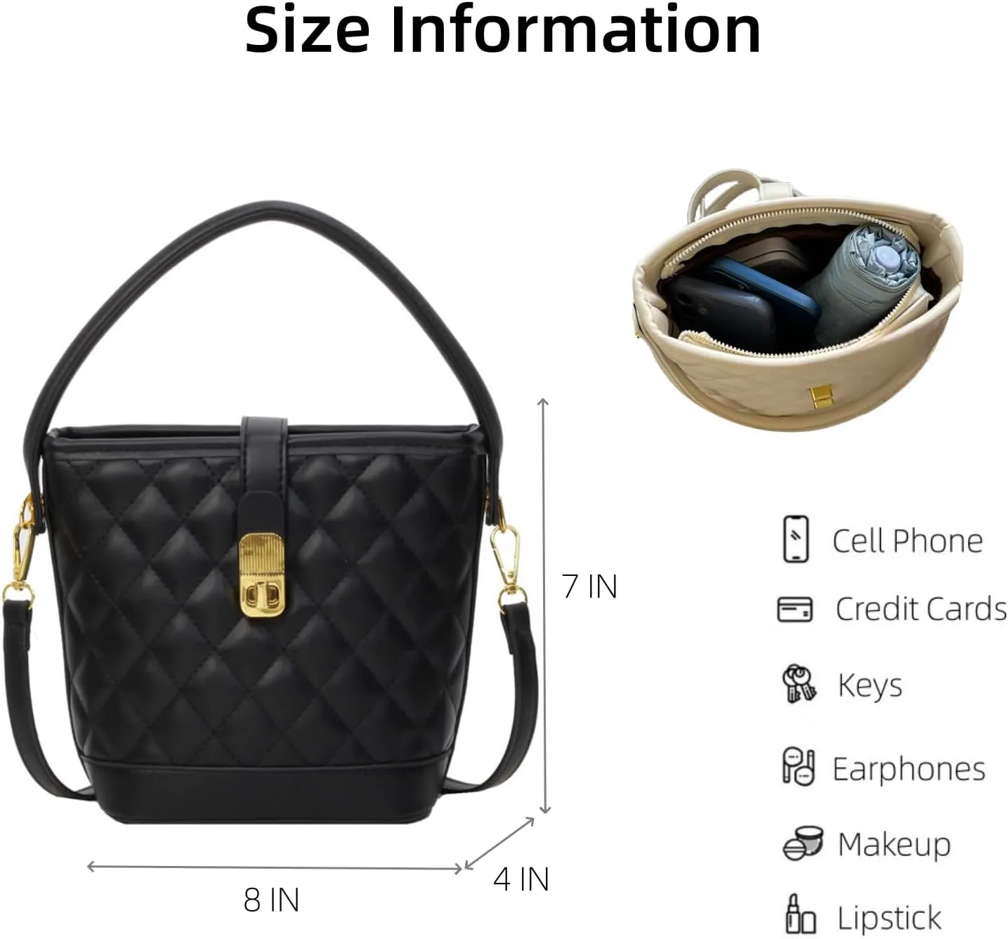 Black Shoulder Bag for Women Quilted Leather Bucket Bag Trendy Crossbody Purse Cute Handbag for Vocation Shopping