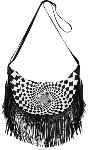 Black White Swirl Optical Fringe Bag for Women Cross Body Bag Tassel Shoulder Bag Satchel