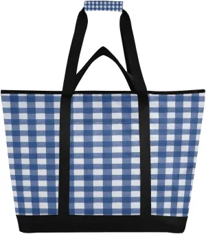 Blue & White Gingham Reusable Insulated Lunchbox Cooler Bag, Leakproof Kitchen Grocery Bag Collapsible Portable Cooler Tote Bag for Picnic, Camping, Office, Travel