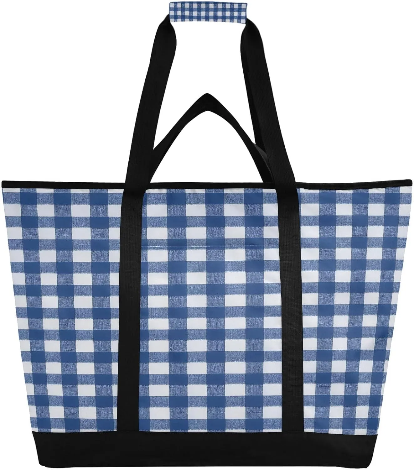 Blue & White Gingham Reusable Insulated Lunchbox Cooler Bag, Leakproof Kitchen Grocery Bag Collapsible Portable Cooler Tote Bag for Picnic, Camping, Office, Travel