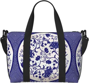 Blue And White Porcelain Large Laptop Tote Travel Work Bag For Women Men Gym Beach Bag For Women Crossbody Carry On Shoulder Bag With Compartments Zipper,Overnight Weekender Bags