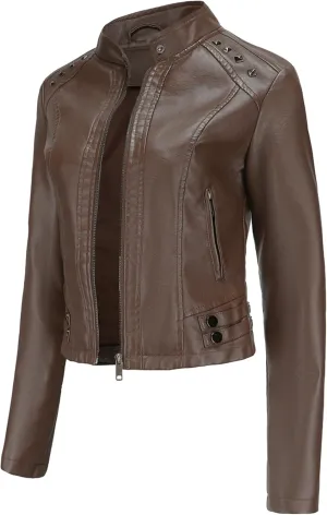 BOFETA Womens Faux Leather Long Sleeve Jackets Quilted Moto Outwear Slim Lapel Coats