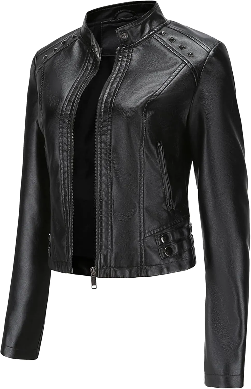 BOFETA Womens Faux Leather Long Sleeve Jackets Quilted Moto Outwear Slim Lapel Coats