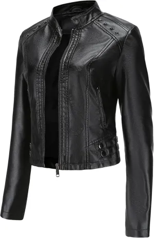 BOFETA Womens Faux Leather Long Sleeve Jackets Quilted Moto Outwear Slim Lapel Coats