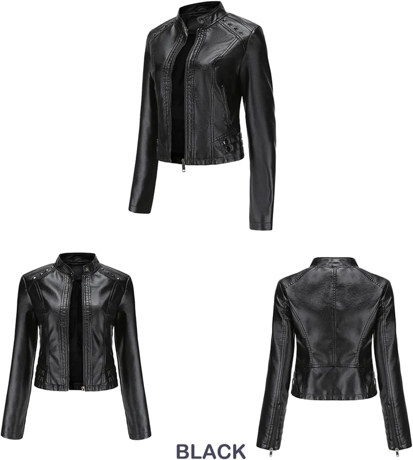 BOFETA Womens Faux Leather Long Sleeve Jackets Quilted Moto Outwear Slim Lapel Coats