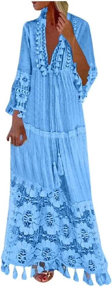 Bohemian Dress for Women Fashion Plus Size V-Neck Lace Hem Fringe Long Sleeve Flowy Dress Elegant Vacation Maxi Dress