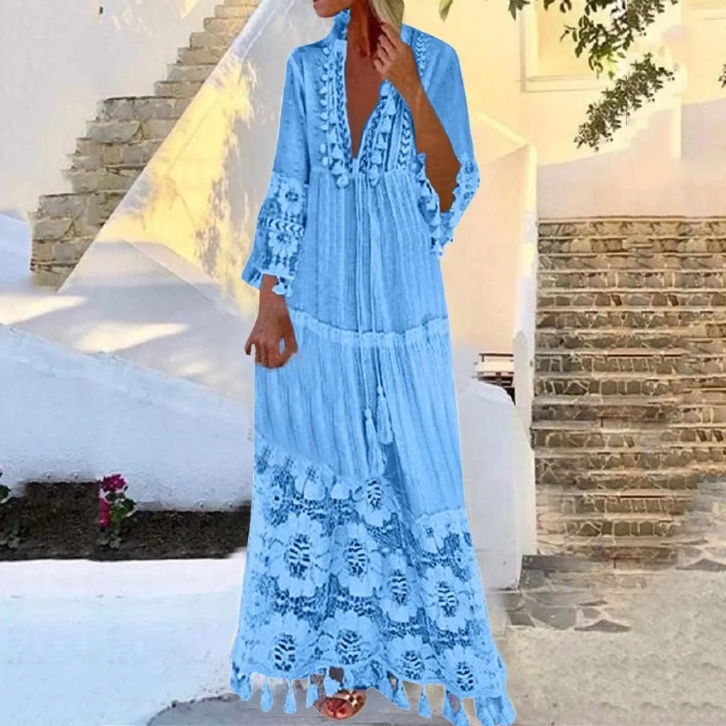Bohemian Dress for Women Fashion Plus Size V-Neck Lace Hem Fringe Long Sleeve Flowy Dress Elegant Vacation Maxi Dress
