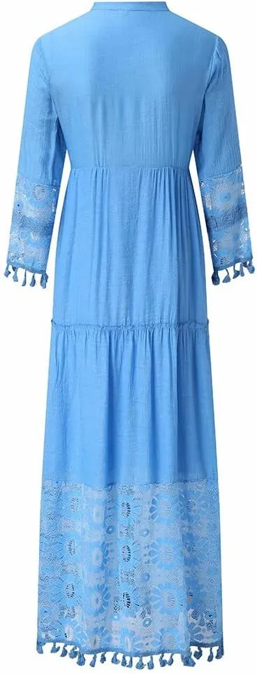 Bohemian Dress for Women Fashion Plus Size V-Neck Lace Hem Fringe Long Sleeve Flowy Dress Elegant Vacation Maxi Dress