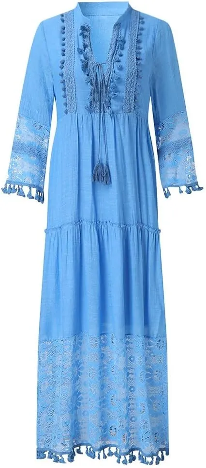 Bohemian Dress for Women Fashion Plus Size V-Neck Lace Hem Fringe Long Sleeve Flowy Dress Elegant Vacation Maxi Dress