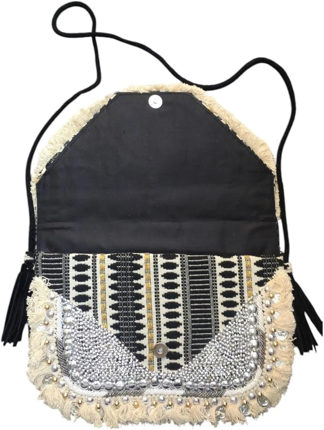 Boho Beaded Crossbody Envelope Bag – Black & White Fringe Purse with Coins | Handmade Tribal Shoulder Bag for Women, Festival & Travel Gift