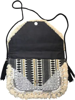 Boho Beaded Crossbody Envelope Bag – Black & White Fringe Purse with Coins | Handmade Tribal Shoulder Bag for Women, Festival & Travel Gift