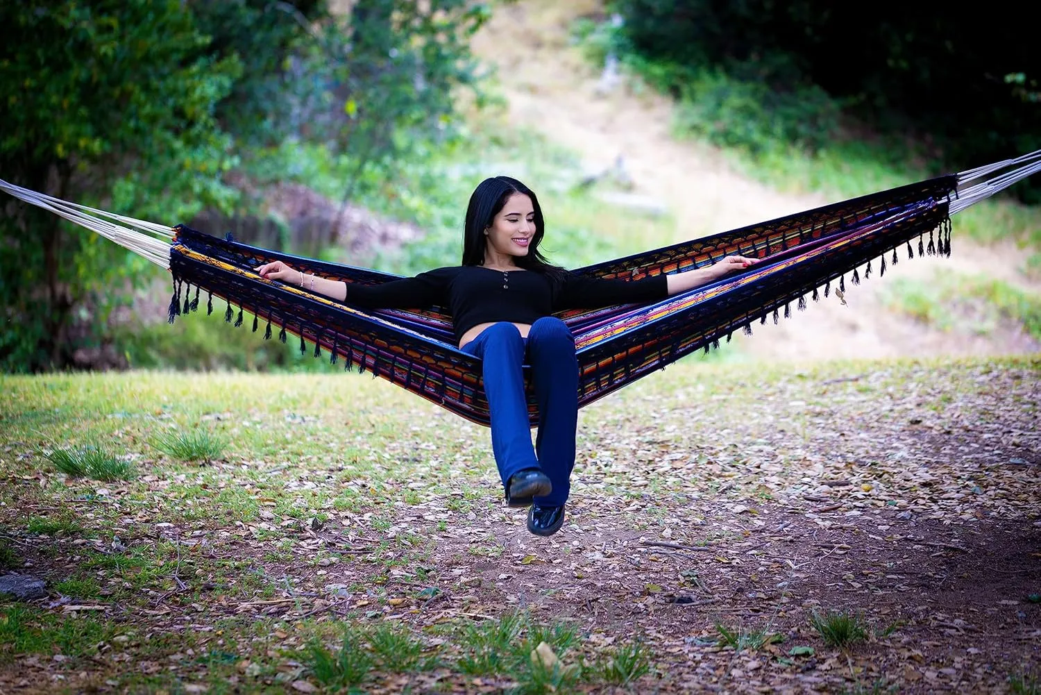 Boho Classic Hammock with Tassel, Handmade, Weather-Resistant, Hammock for Indoor & Outdoor, Lightweight Durable - for Patio, Porch, Backyard Lounging (Otavalo Rainbow)